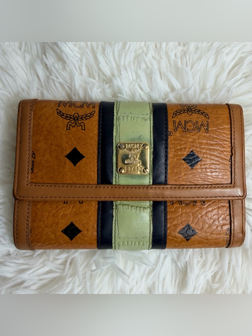 MCM Cognac Logo Wallet with Pale Green and Black Accents